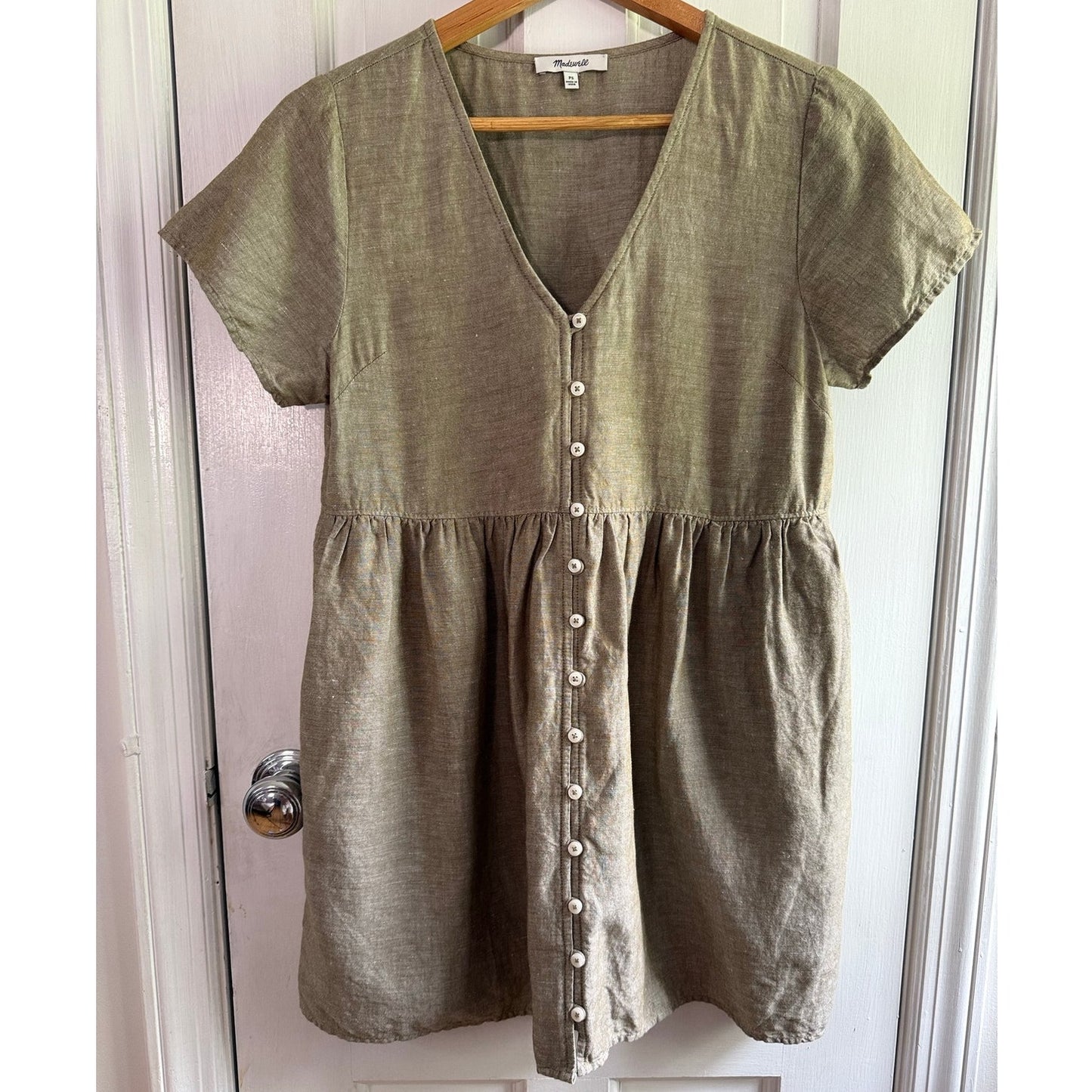 Madewell Sage Green Linen Blend Button Front Short Sleeve Dress Women's XS EUC