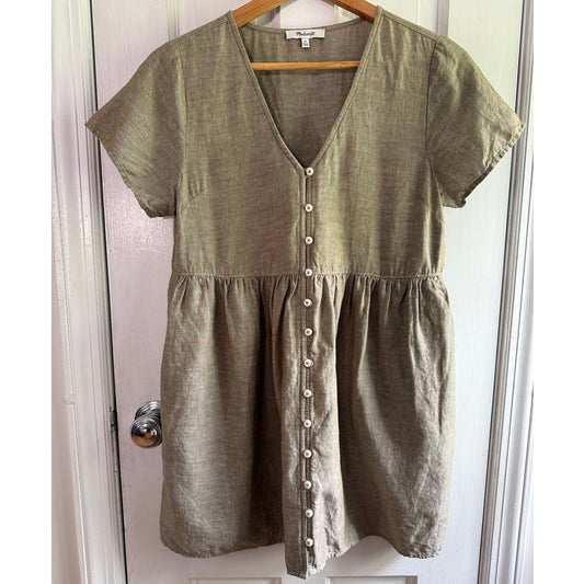 Madewell Sage Green Linen Blend Button Front Short Sleeve Dress Women's XS EUC