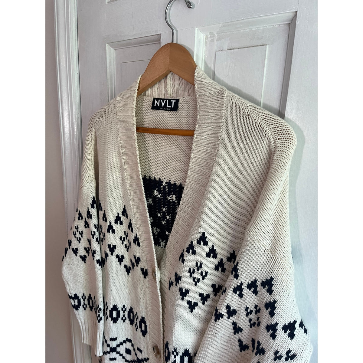 NVLT Anthropologie Oversized Knit Cardigan Cream Black Fair Isle XS