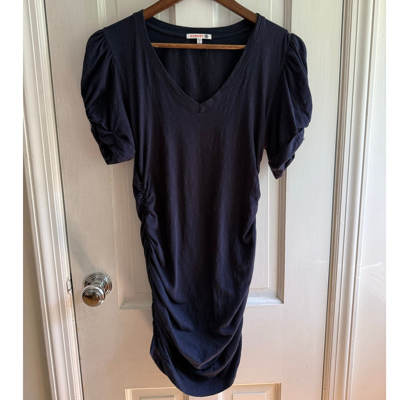 Sundry Ruched Dress 0 XS S Navy Blue V Neck Puff Short Sleeve Cotton Pencil EUC