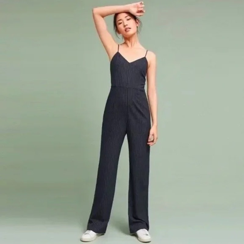 Anthropologie The Essential Pinstripe Jumpsuit Navy White Wide Leg Size 4