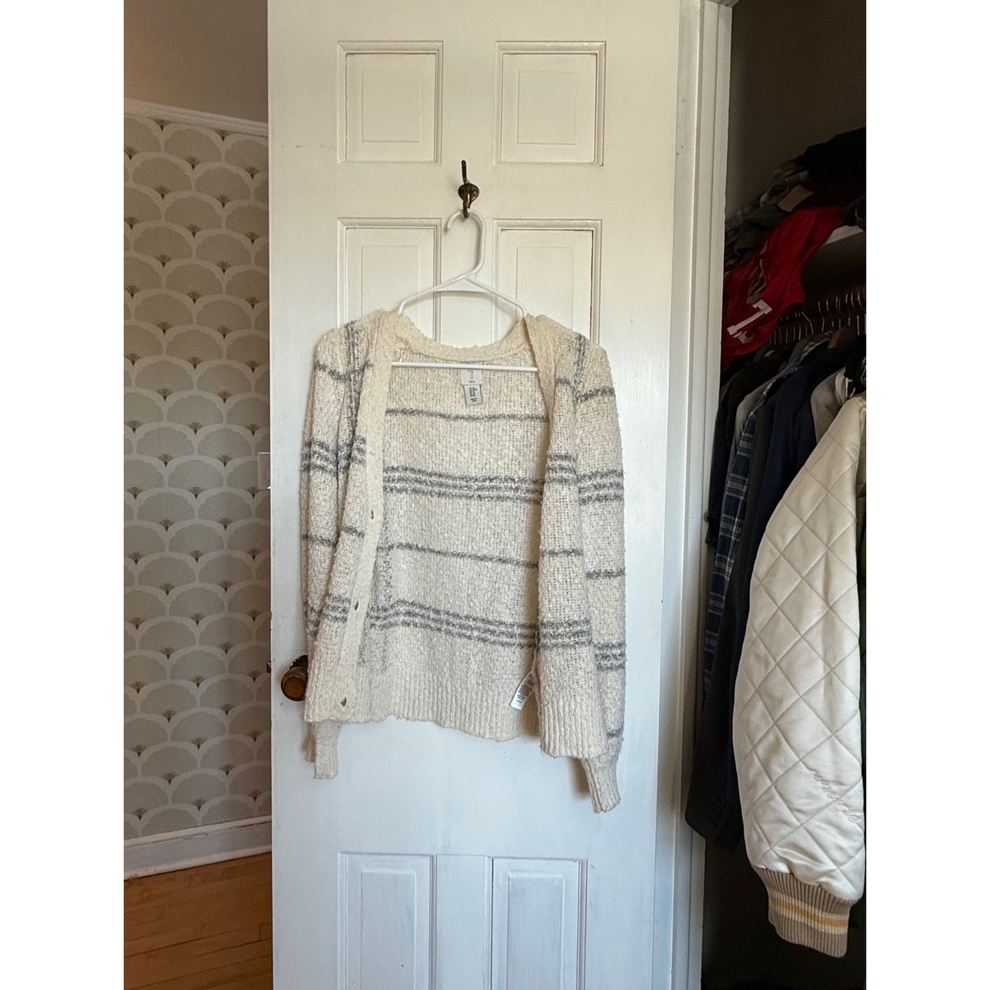 Joie Cardigan Sweater Cream/Gray Strips Size Medium