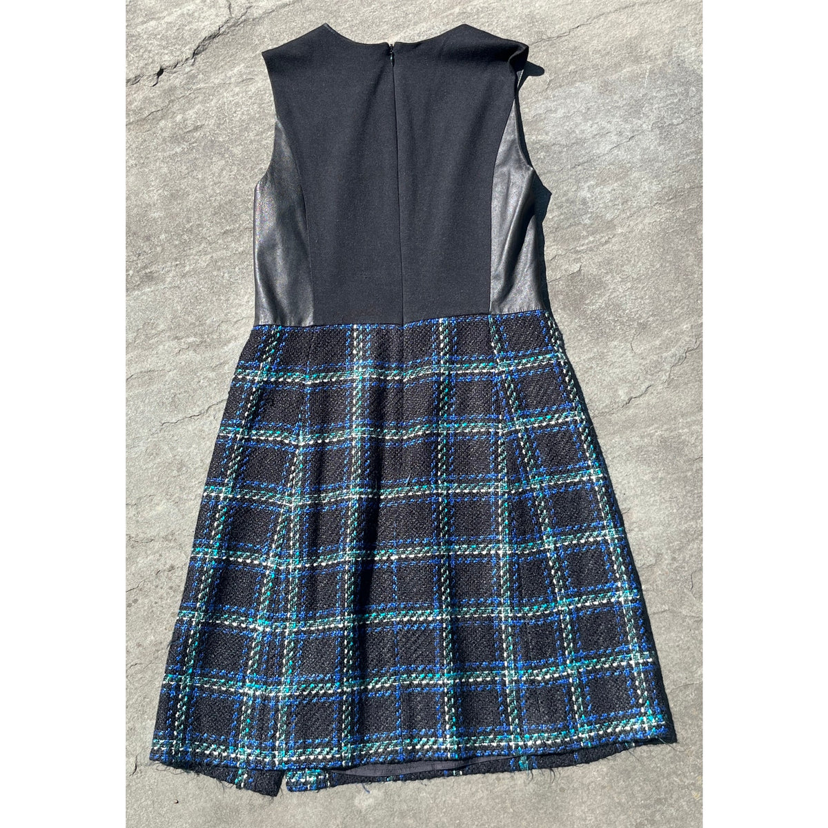 Shoshanna Everett Plaid Leather Combo Marlee Dress 4 Black Lapis Revolve Chic ⚡️