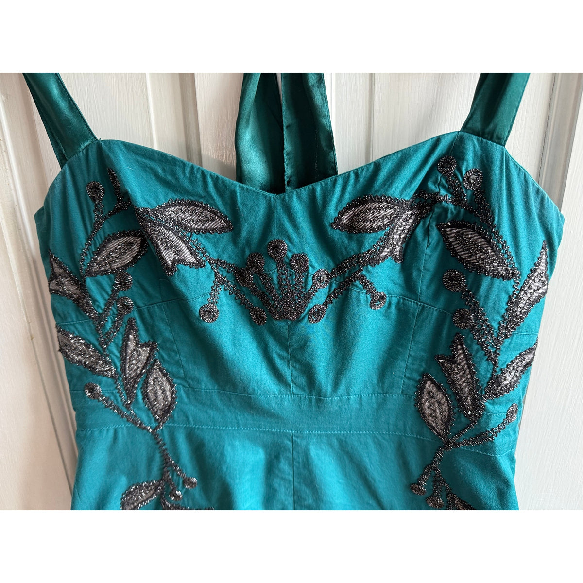 Free People "Ocean" Teal Beaded Mini Dress - Black Floral Embroidery EUC Size 2