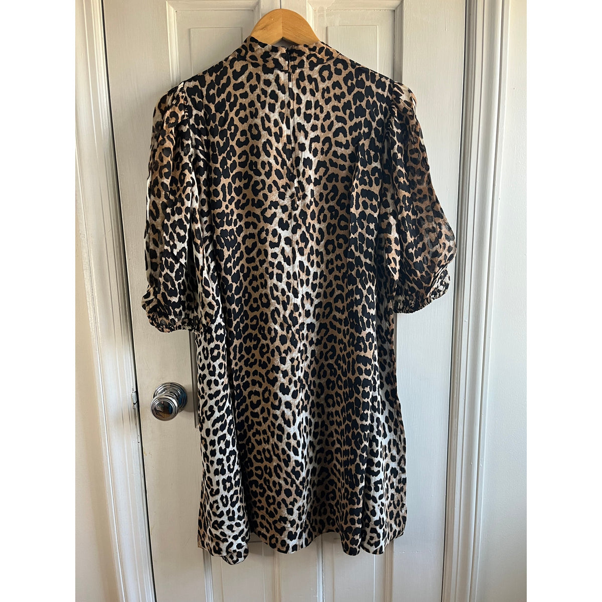 GANNI NWT Leopard Georgette Smock Mini Dress Mock Neck Oversized 38 US 6