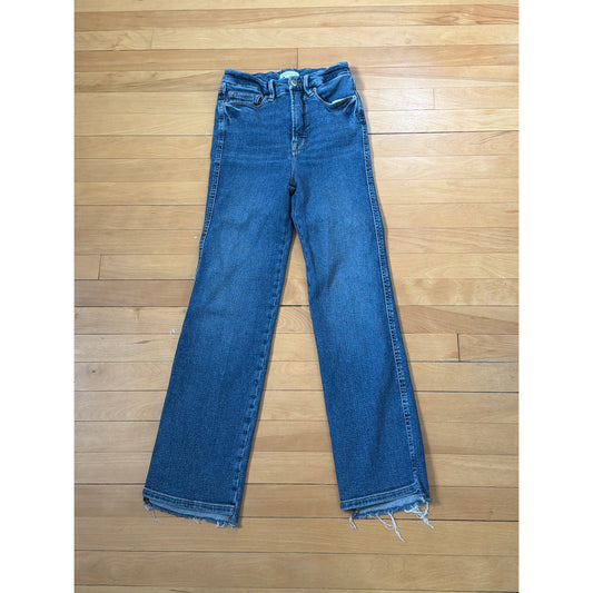 Good American Size 0 Good Curved Straight Dark Wash High Rise Straight Leg Distressed Hem Jean