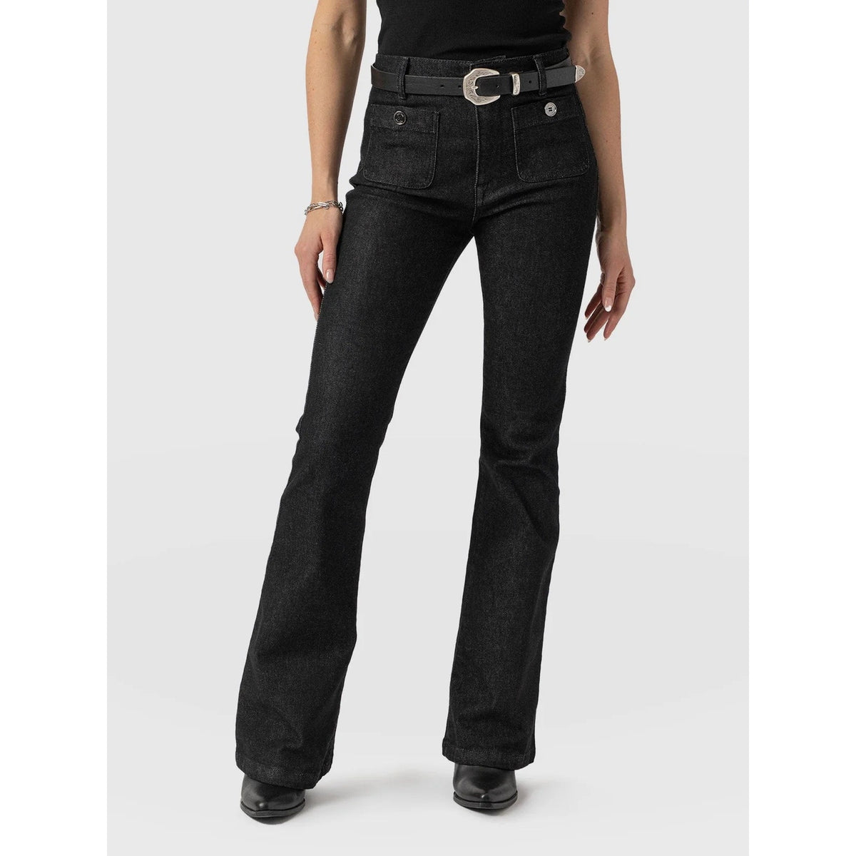 Saint + Sofia Bowie Stretch Flare Jeans Black NWT Sz 4 Short High Rise Retro 70s