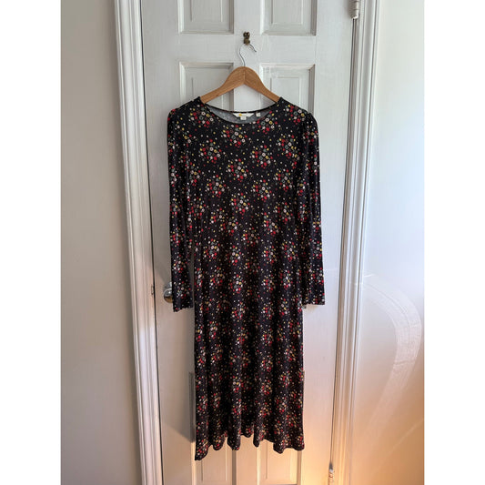 Boden Midi Tea Dress US8P Black Floral V-Neck Long Sleeve