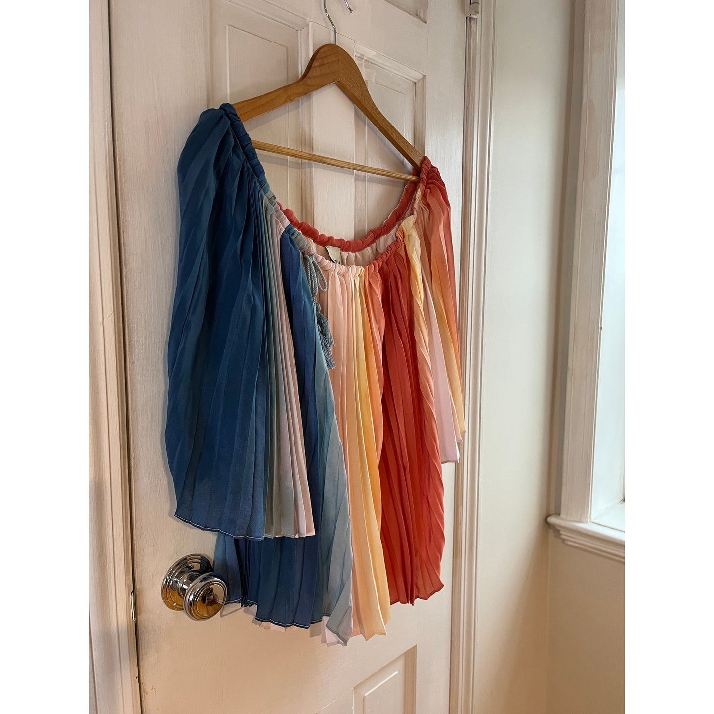 Ecru Rainbow Stripe Pleated Off Shoulder Top Boho Accordion Plissé Small