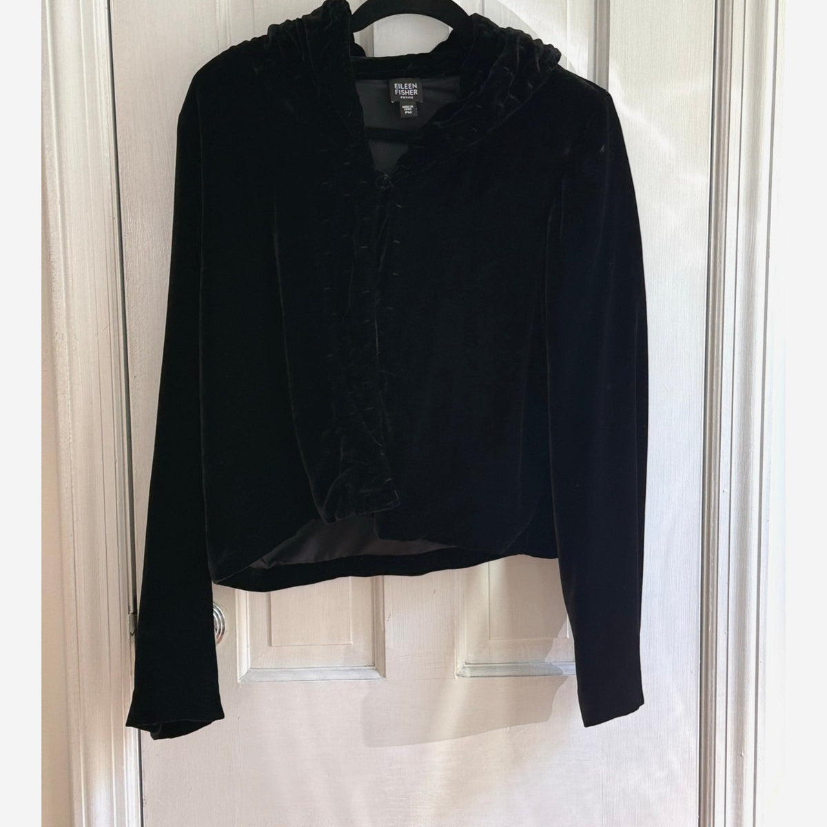 Eileen Fisher Black Silk Blend Drape Cloak Hoodie Cardigan Petite Medium PM