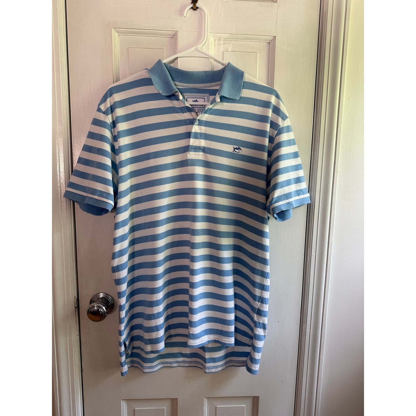 Southern Tide Polo Shirt Mens Medium M Light Blue White Striped Performance EUC