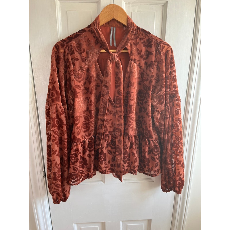 By Anthropologie Velvet Burnout Tie Neck Blouse Rust Copper Floral Peplum Med