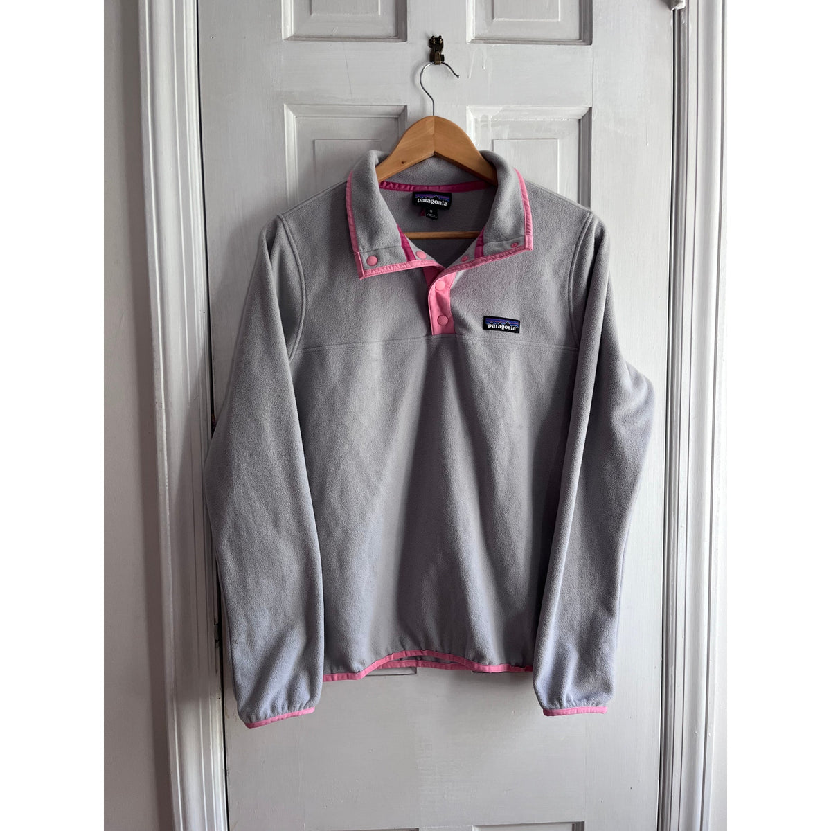 Patagonia Micro D Snap-T Fleece Pullover Heather Grey Pink Trim Women M