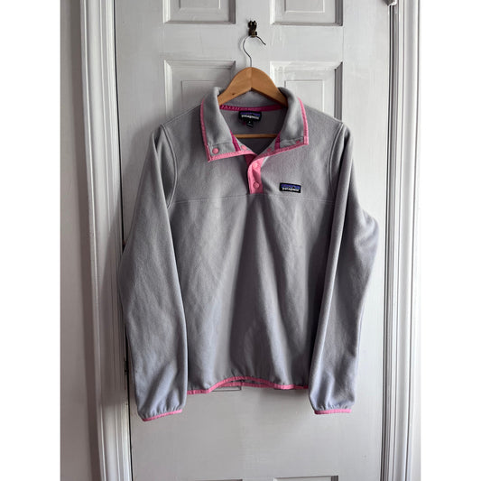 Patagonia Micro D Snap-T Fleece Pullover Heather Grey Pink Trim Women M