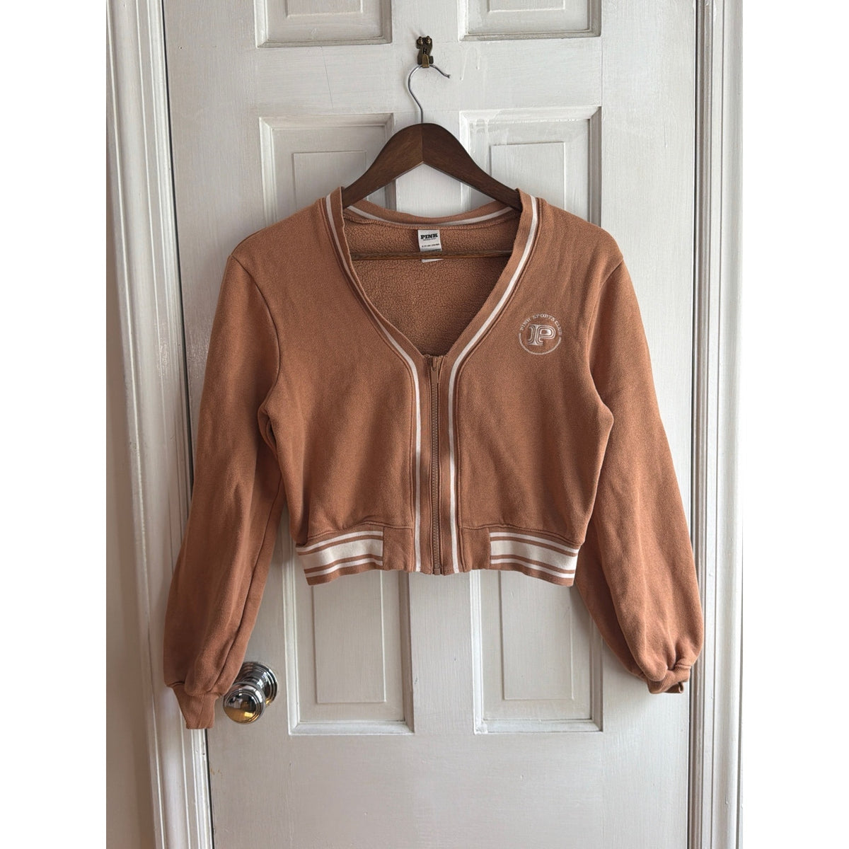 PINK Victoria's Secret Full-Zip Cropped Sweatshirt - Camel / Tan, Small 