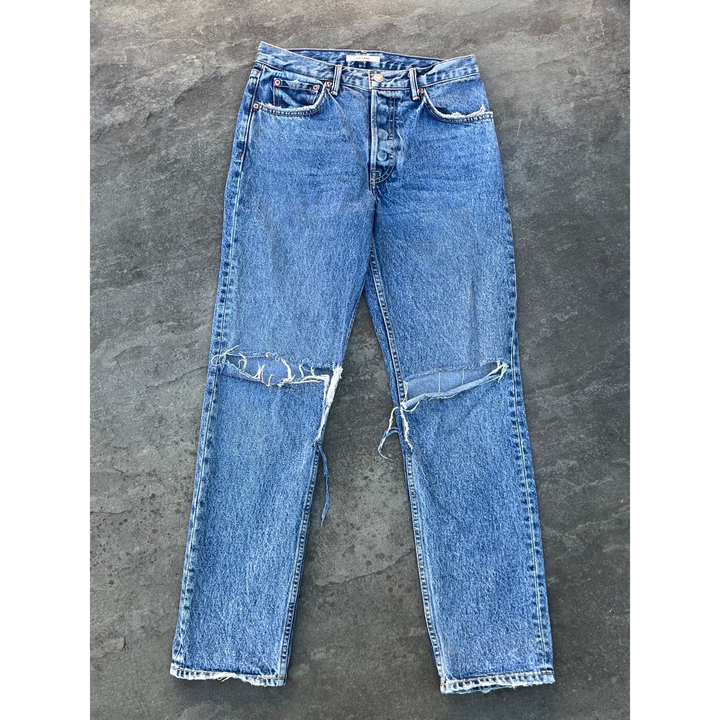 GRLFRND Helena High Rise Straight Jeans Breakdown Wash Distressed 26 Sold Out