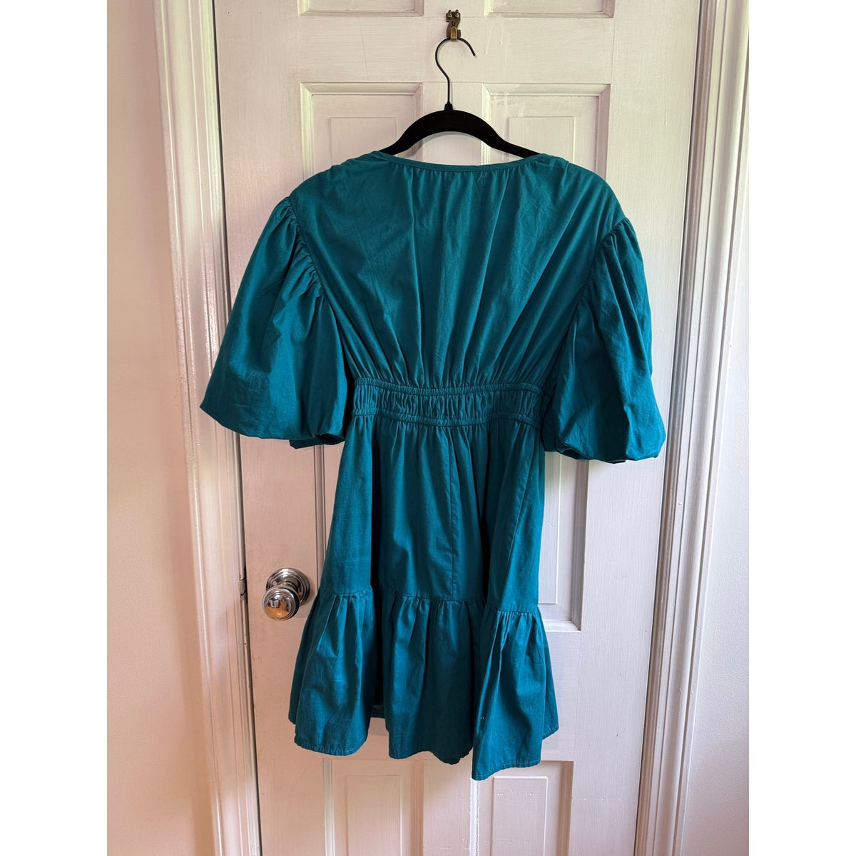Japna Teal Green Puff Sleeve Tiered Mini Dress V-Neck Size Small EUC