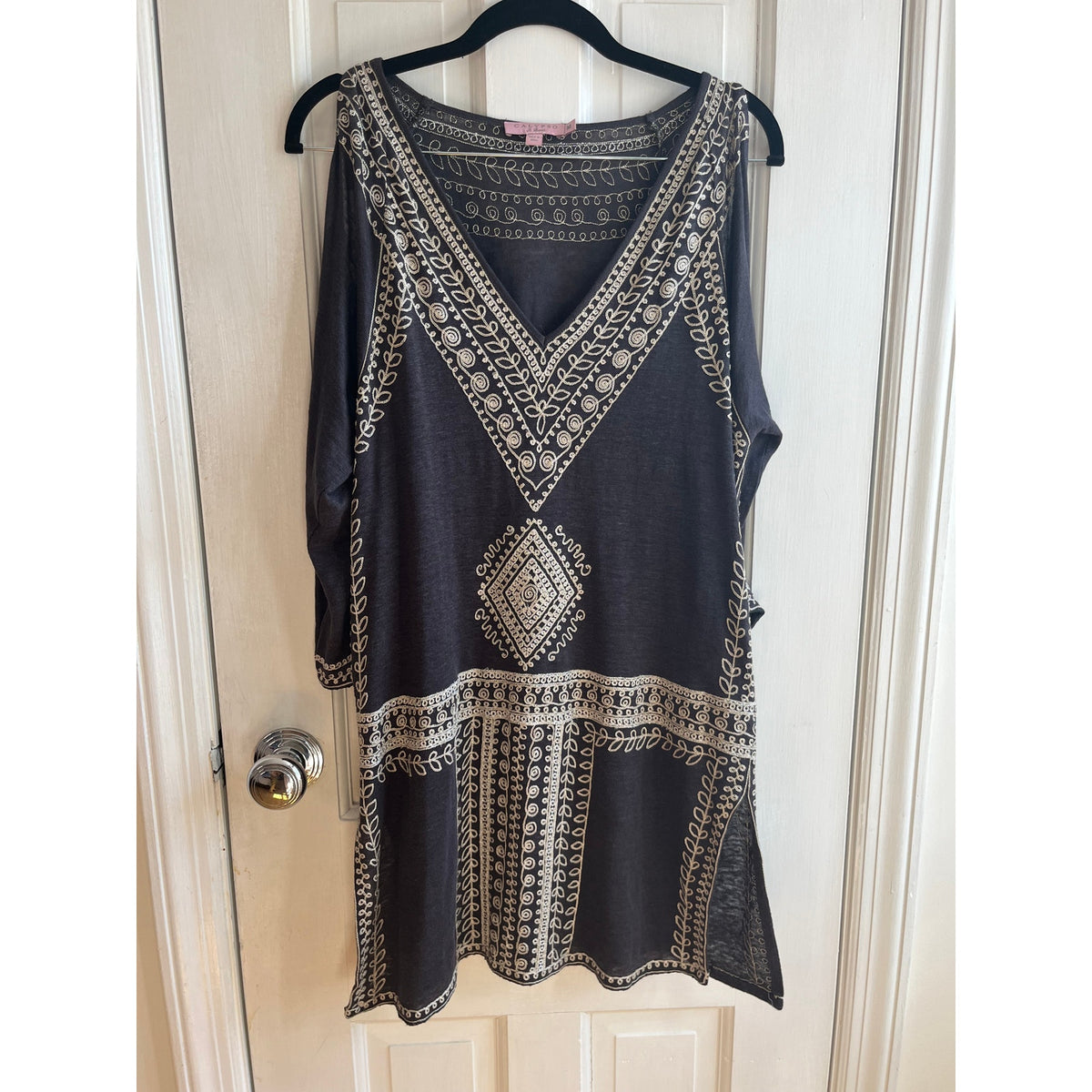 Calypso St. Barth Linen Grey Embroidered Cold Shoulder Tunic Dress - Size Medium - Boho Resort