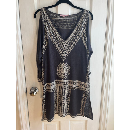 Calypso St. Barth Linen Grey Embroidered Cold Shoulder Tunic Dress - Size Medium - Boho Resort