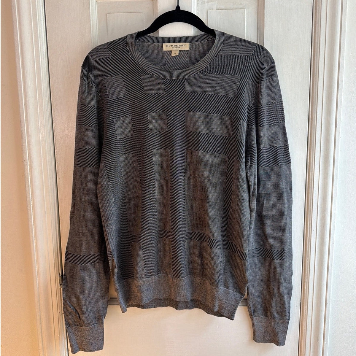 Burberry London Men's 100% Silk Plaid Crewneck Sweater  MEDIUM GRAY