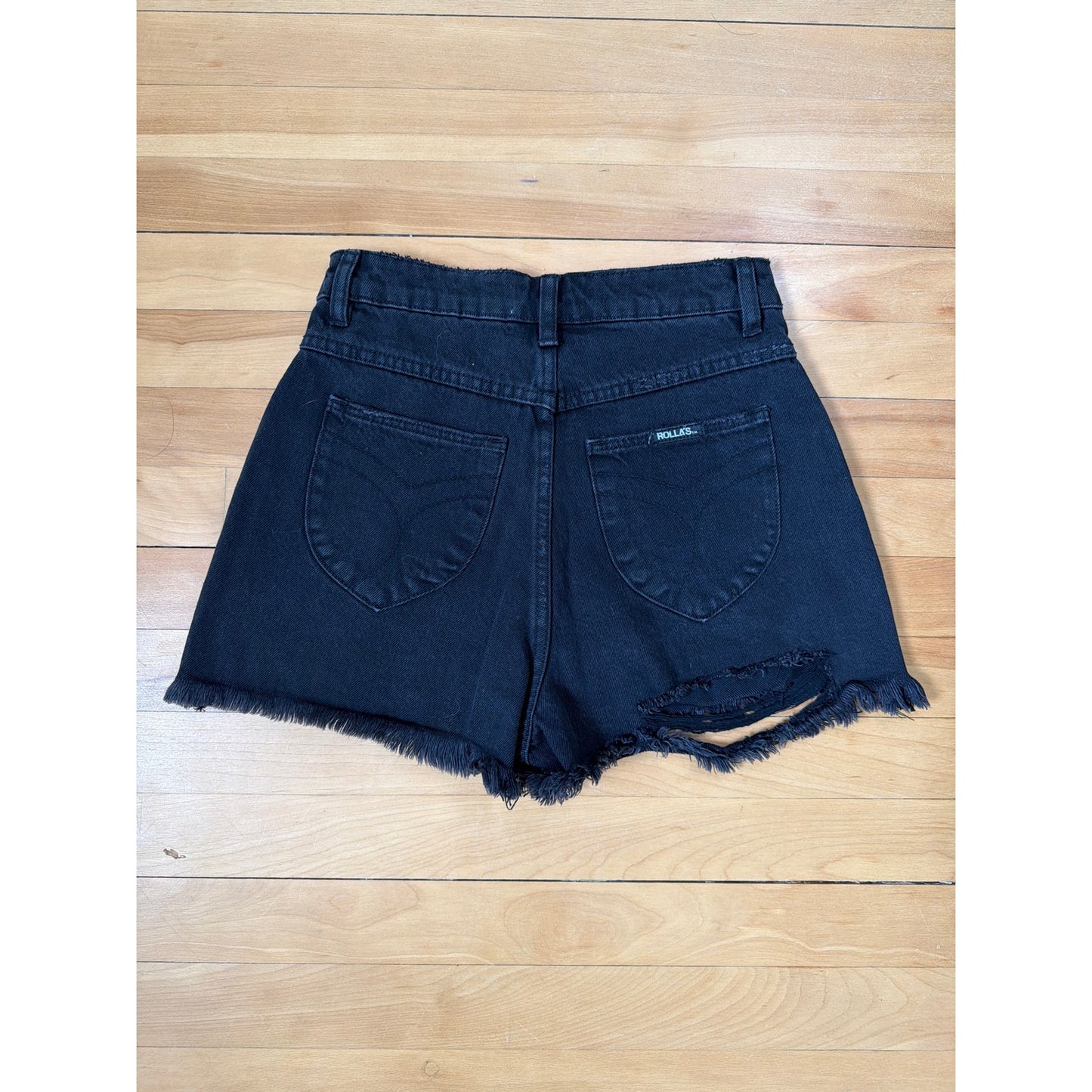 Rollas Duster Shorts 25 Black High Rise Slim Cutoff Ripped Hem Denim Jeans EUC