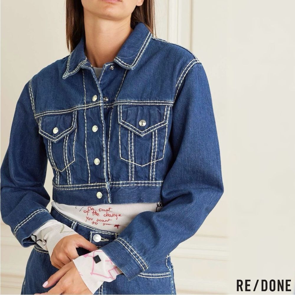 NWT RE/DONE Chunky Stitch Indigo Cropped Trucker Jacket S ✨ Street Holy Grail ✨