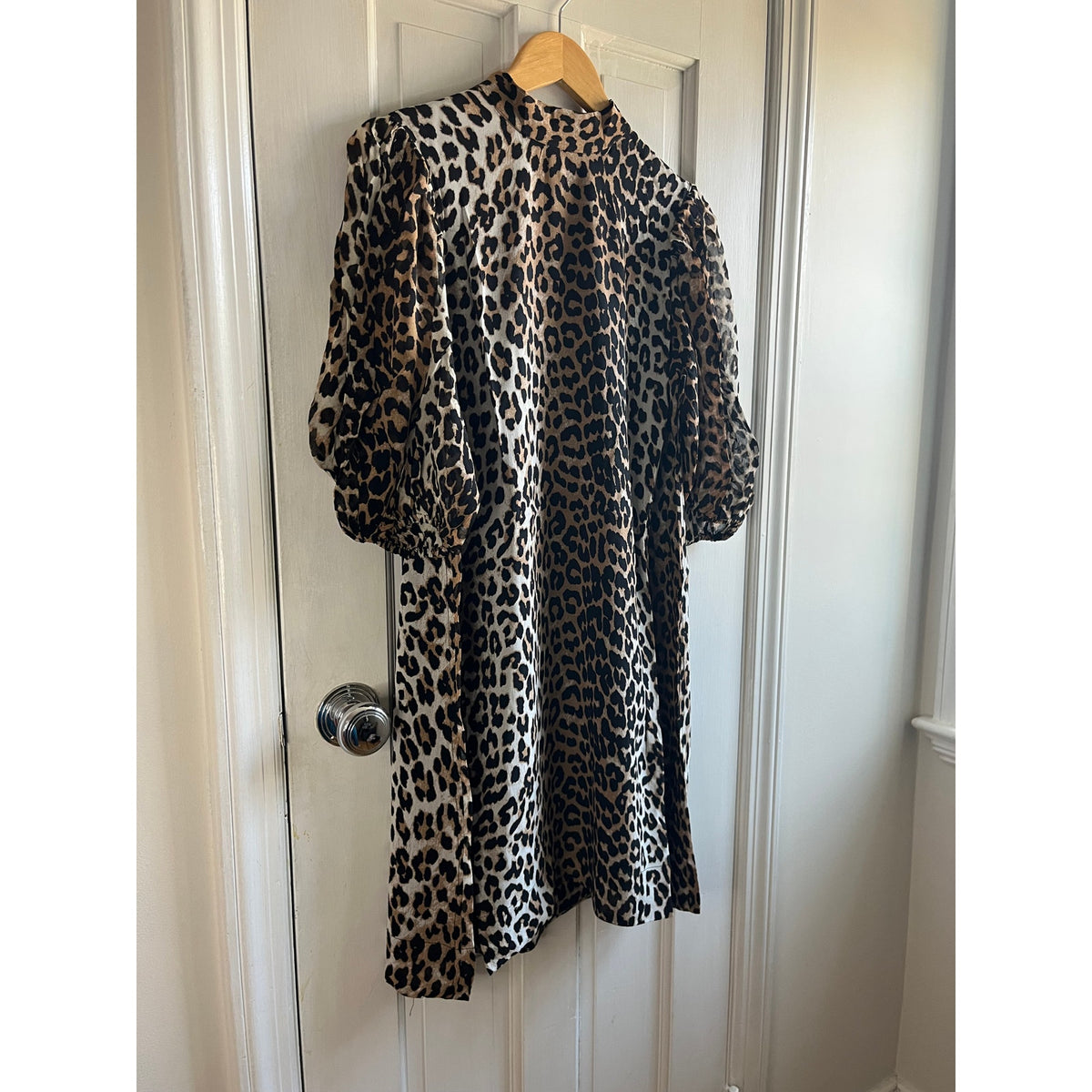 GANNI NWT Leopard Georgette Smock Mini Dress Mock Neck Oversized 38 US 6