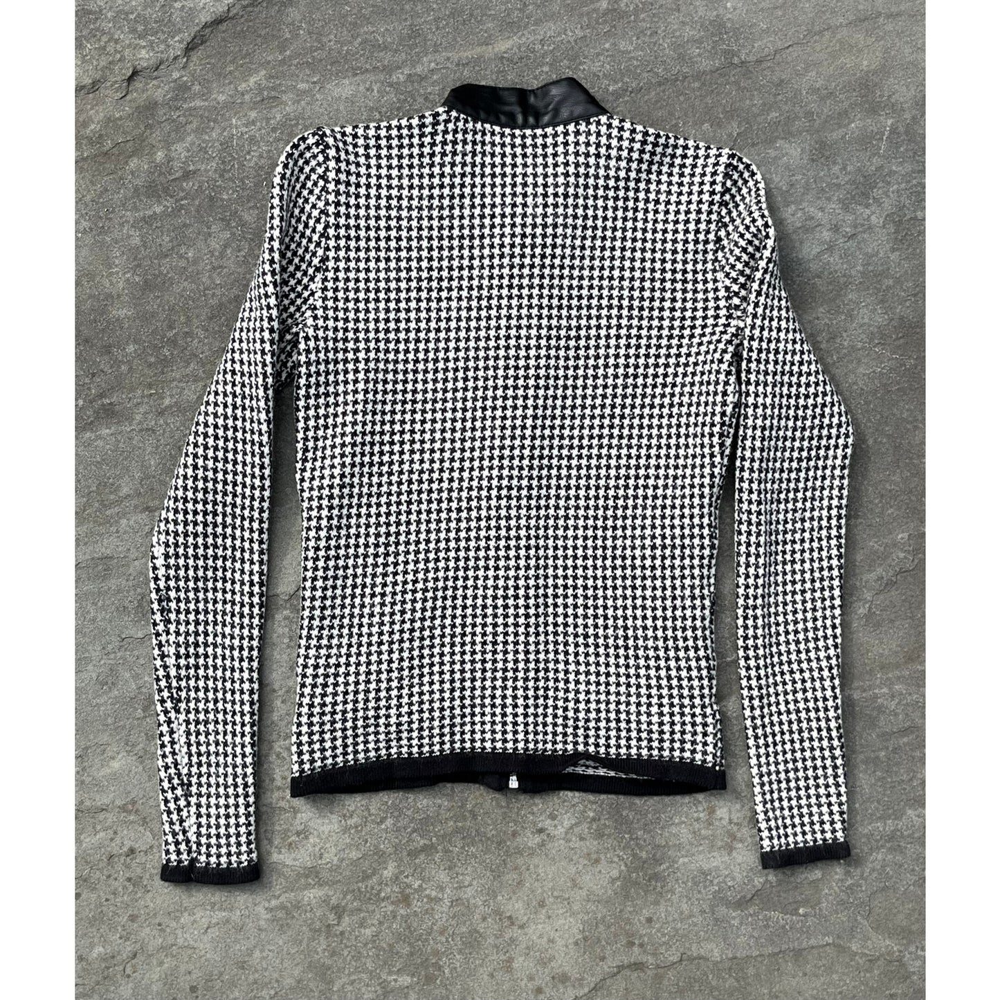 Lauren Ralph Lauren Houndstooth Moto Jacket Small Black White Faux Leather Trim EUC