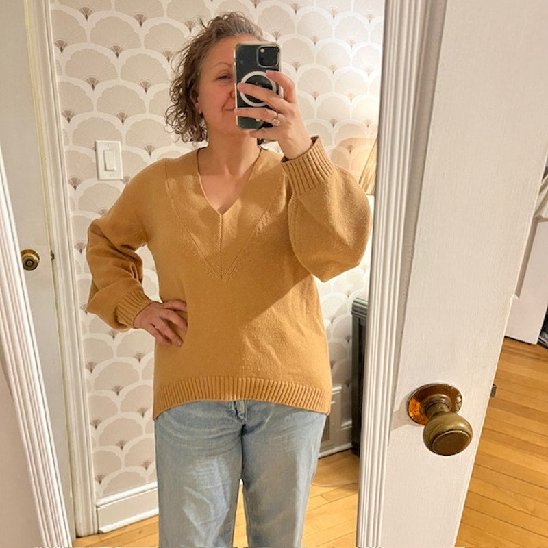 Tibi Merino Wool Blend V-neck Puff Sleeve Camel Sweater - Size Small