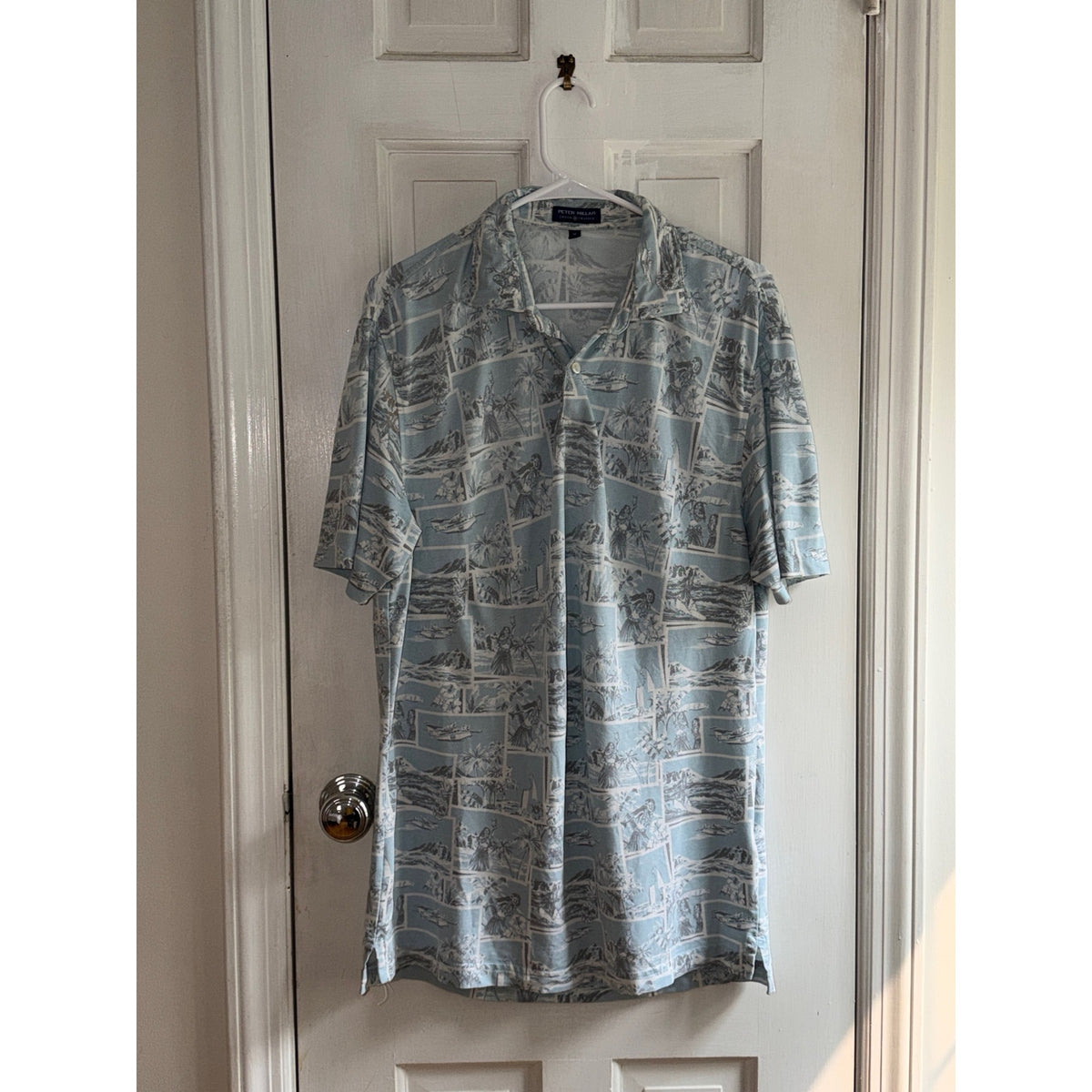 Peter Millar Crown Crafted Tropical Scenic Polo Shirt Size Medium Blue Golf Resort