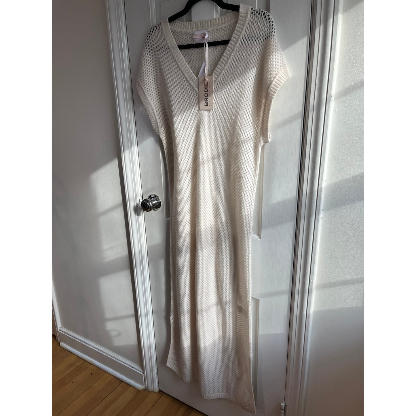 BRODIE Cashmere Pointelle Knit Maxi Dress | NWT Cream Resortwear Coverup | Sz M