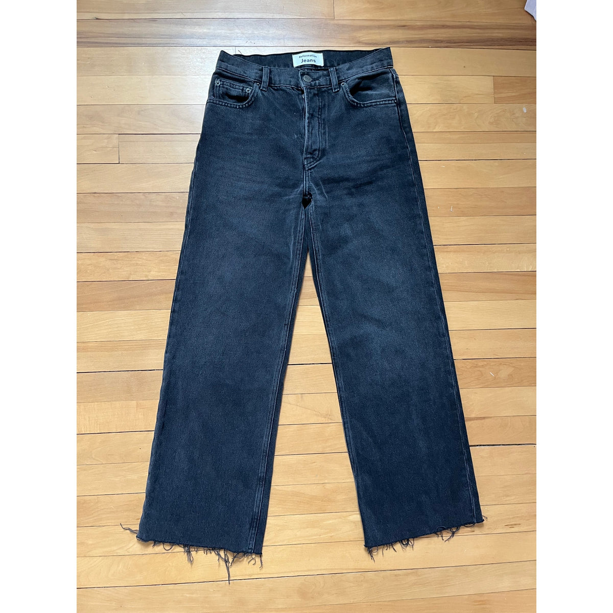 💎 Reformation Fawcett High Rise Wide Leg Black Jeans Monterey Wash Raw Hem 26