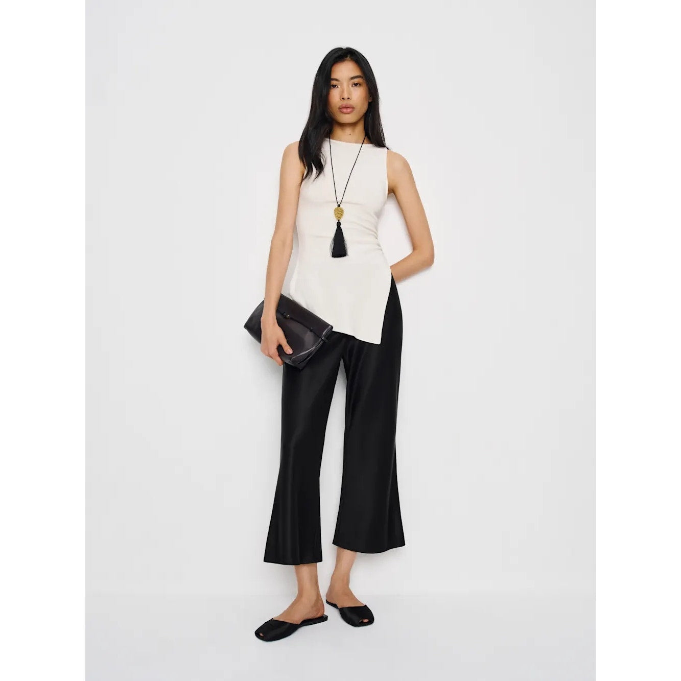 Reformation Gale Satin Mid Rise Pant L Black Bias Cut Wide Leg Pull On NWT 🖤