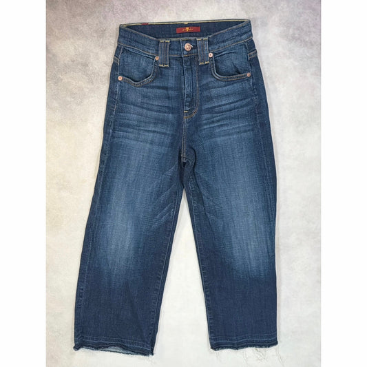 7 For All Mankind High Rise Straight Crop Jeans Size 23 Raw Hem Frayed Indigo Blue