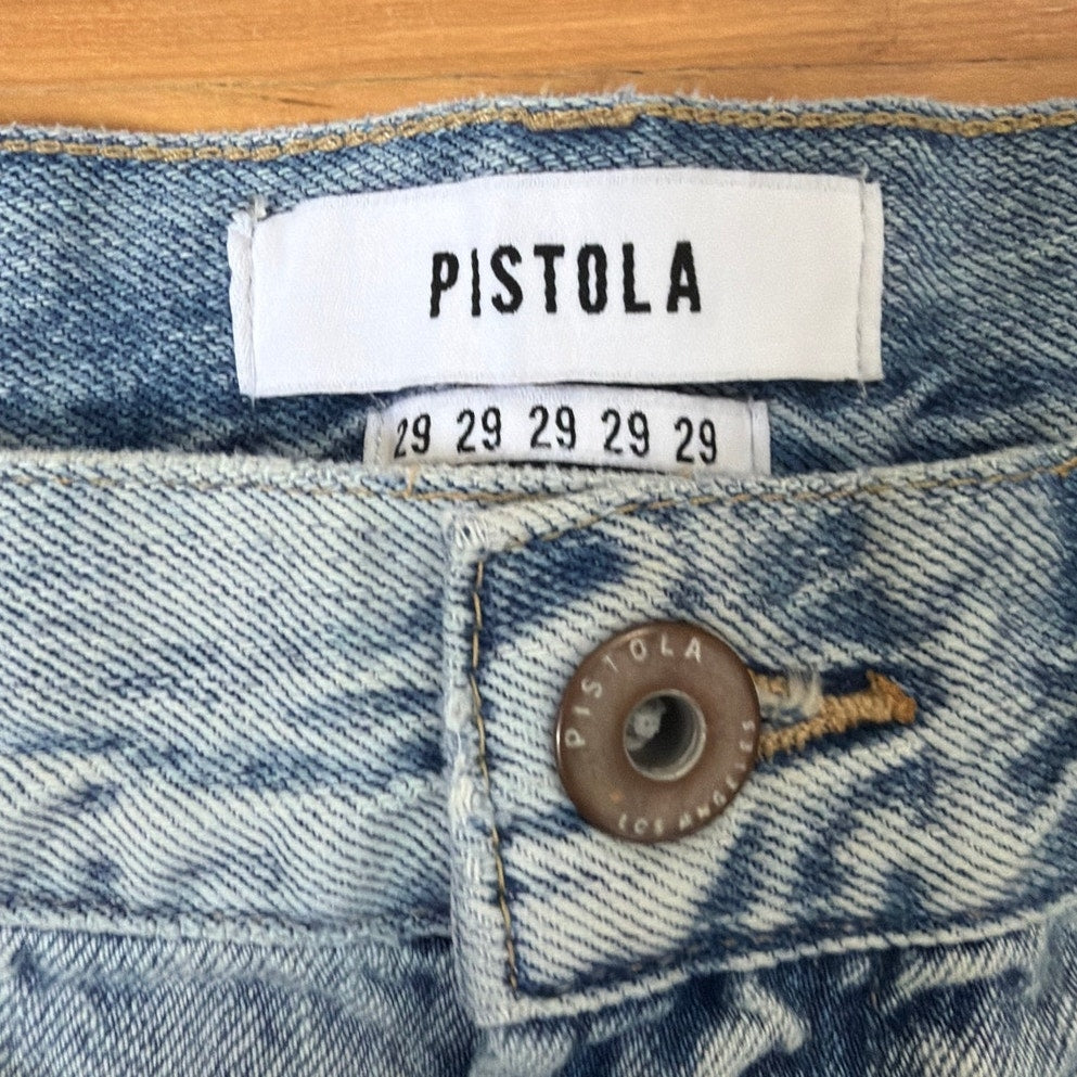 Pistola Jean Shorts 29 Light Wash Low Rise Distressed Frayed Raw Hem Denim EUC