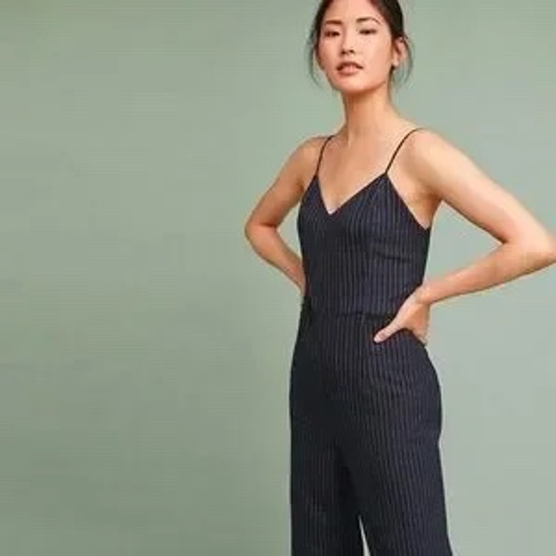 Anthropologie The Essential Pinstripe Jumpsuit Navy White Wide Leg Size 4