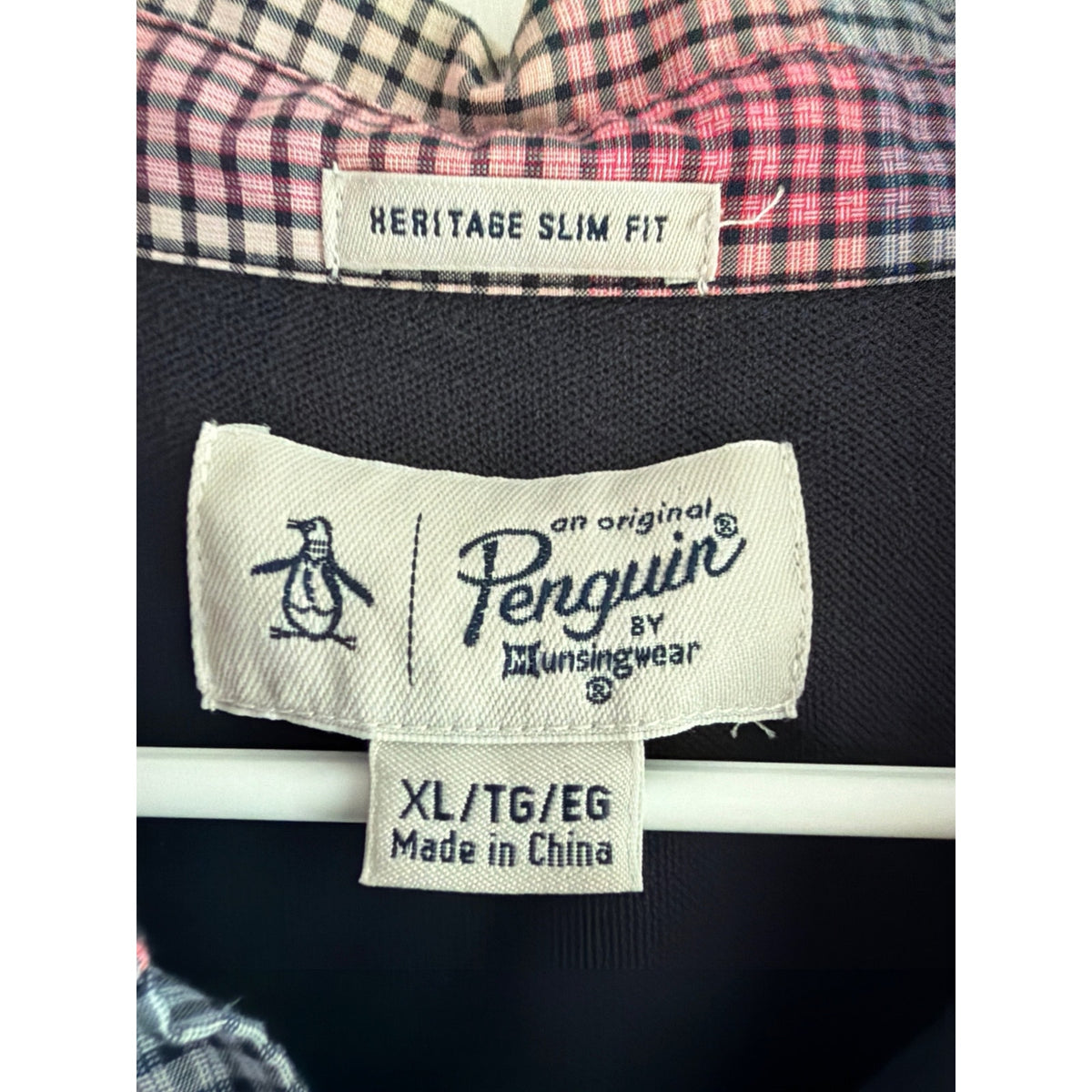 Original Penguin Plaid Collar Short Sleeve Polo Shirt Navy Blue Mens XL