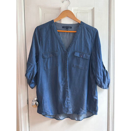 Bella Dahl Split Back Chambray Button Down Shirt Denim Blue XS