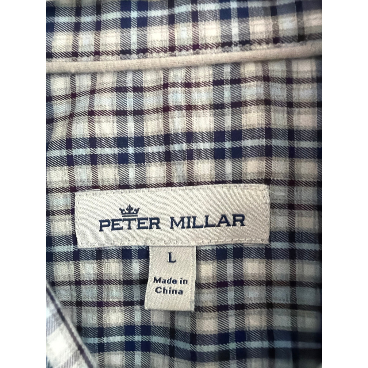 Peter Millar Men's Large Blue White Plaid Long Sleeve Button Up Shirt EUC