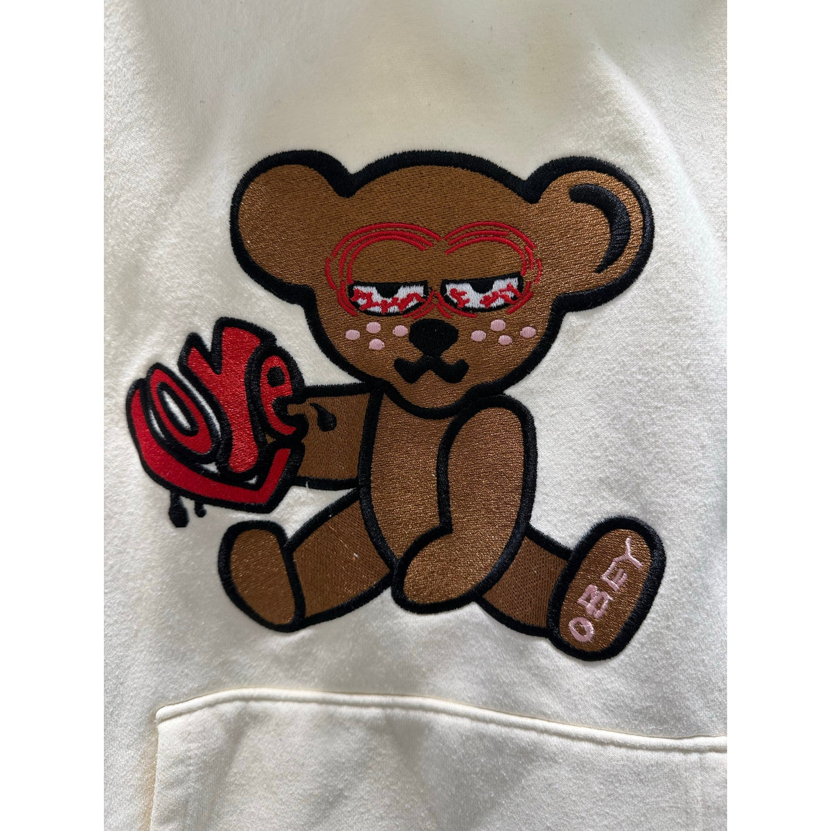 OBEY Clothing Teddy Bear Rose Graphic Fleece Hoodie Large Cream Off White Mens L