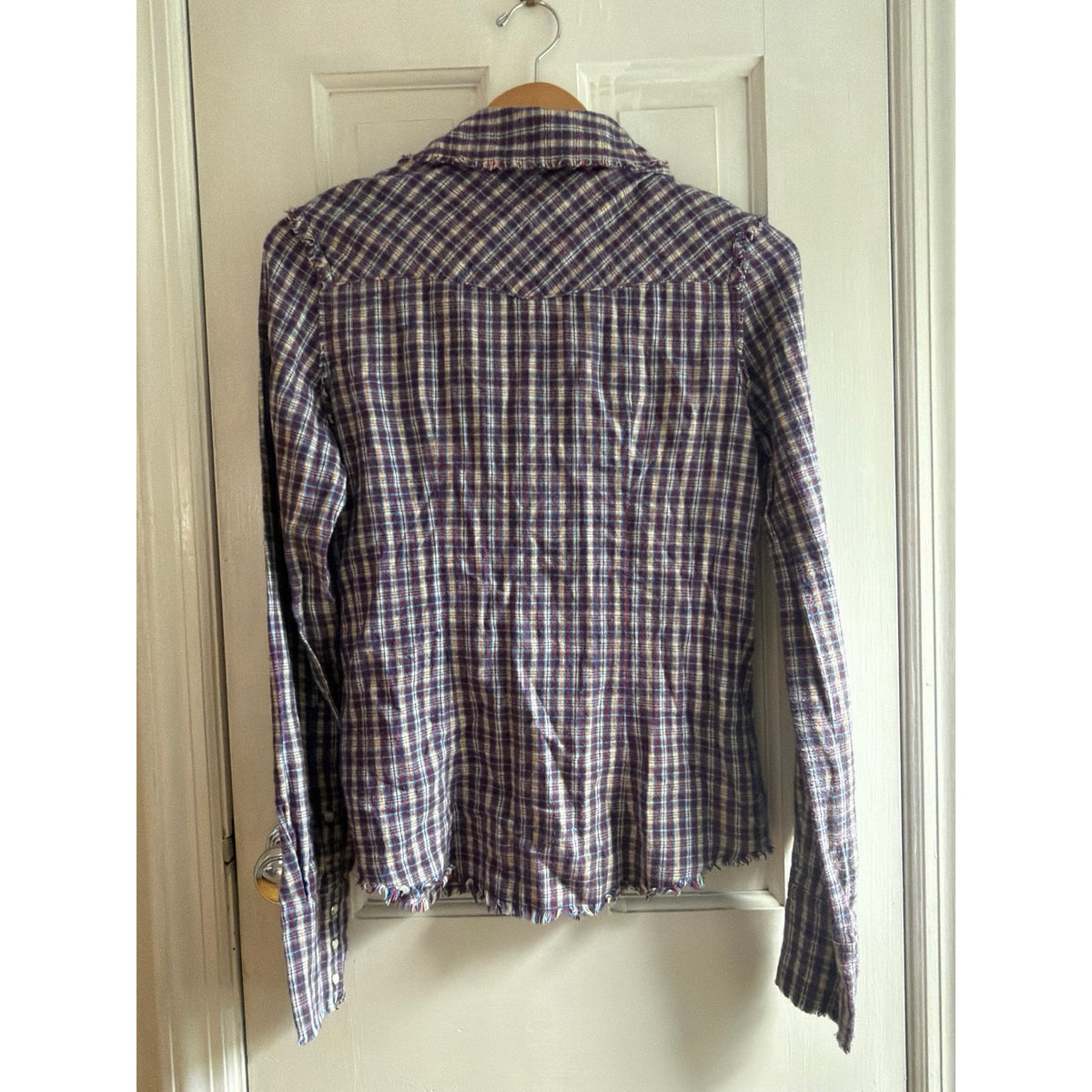 Vintage Arch Indigo Raw Edge Plaid Pearl Snap Western Shirt Made in USA Medium
