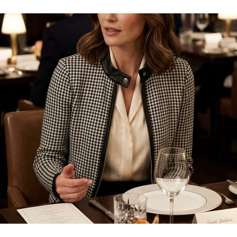 Lauren Ralph Lauren Houndstooth Moto Jacket Small Black White Faux Leather Trim EUC