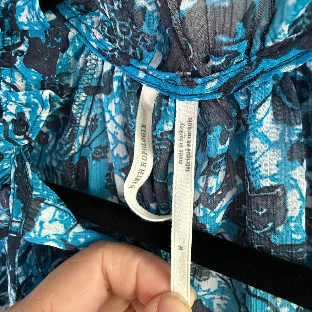 Anthropologie Blue Floral Sheer Blouse | Ruffle Neck | Size M | EUC
