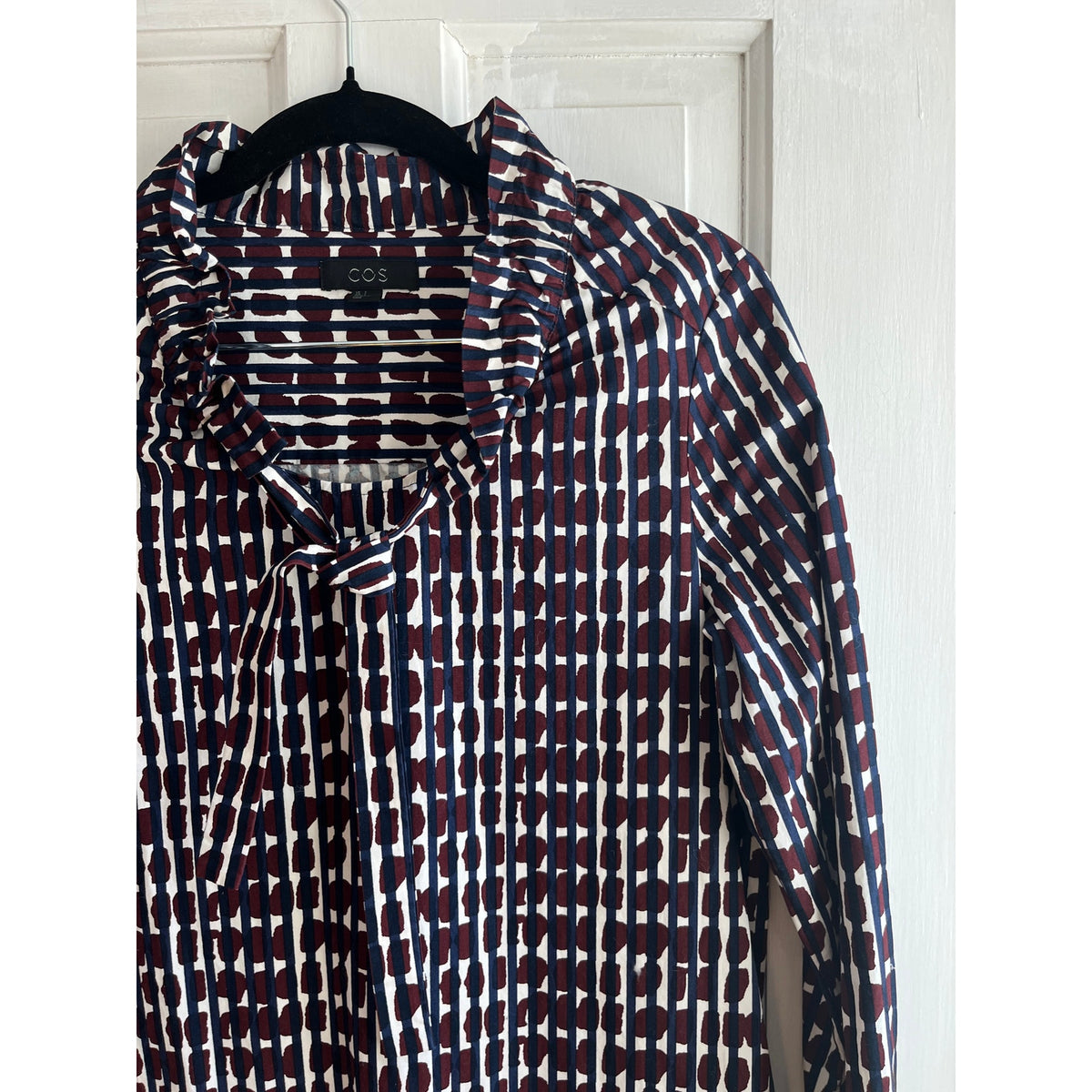 COS Printed Ruffle Neck Tie Front Cotton Midi Dress | Abstract Minimalist Sz 2