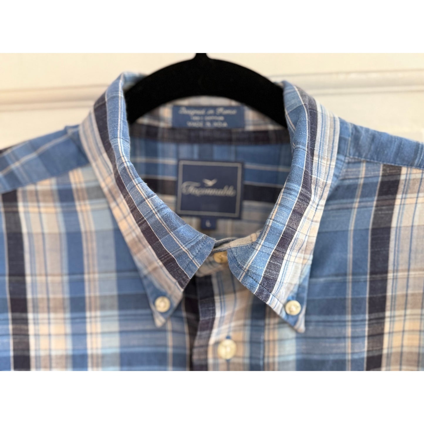 Faconnable Men's Short Sleeve Button Down Plaid Blue/White Lg