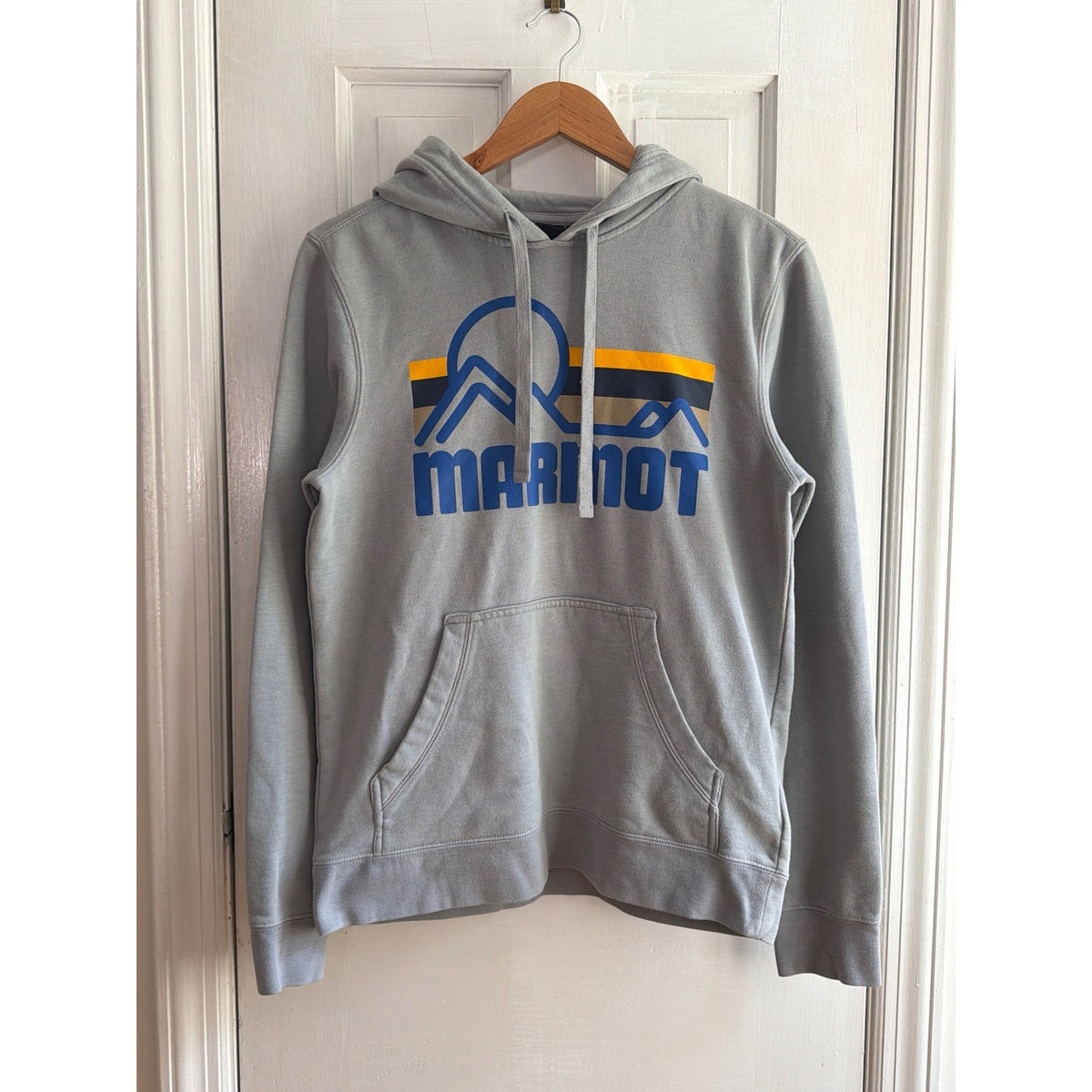 Marmot Graphic Pullover Hoodie Retro Mountain Logo Grey Yellow Blue Small