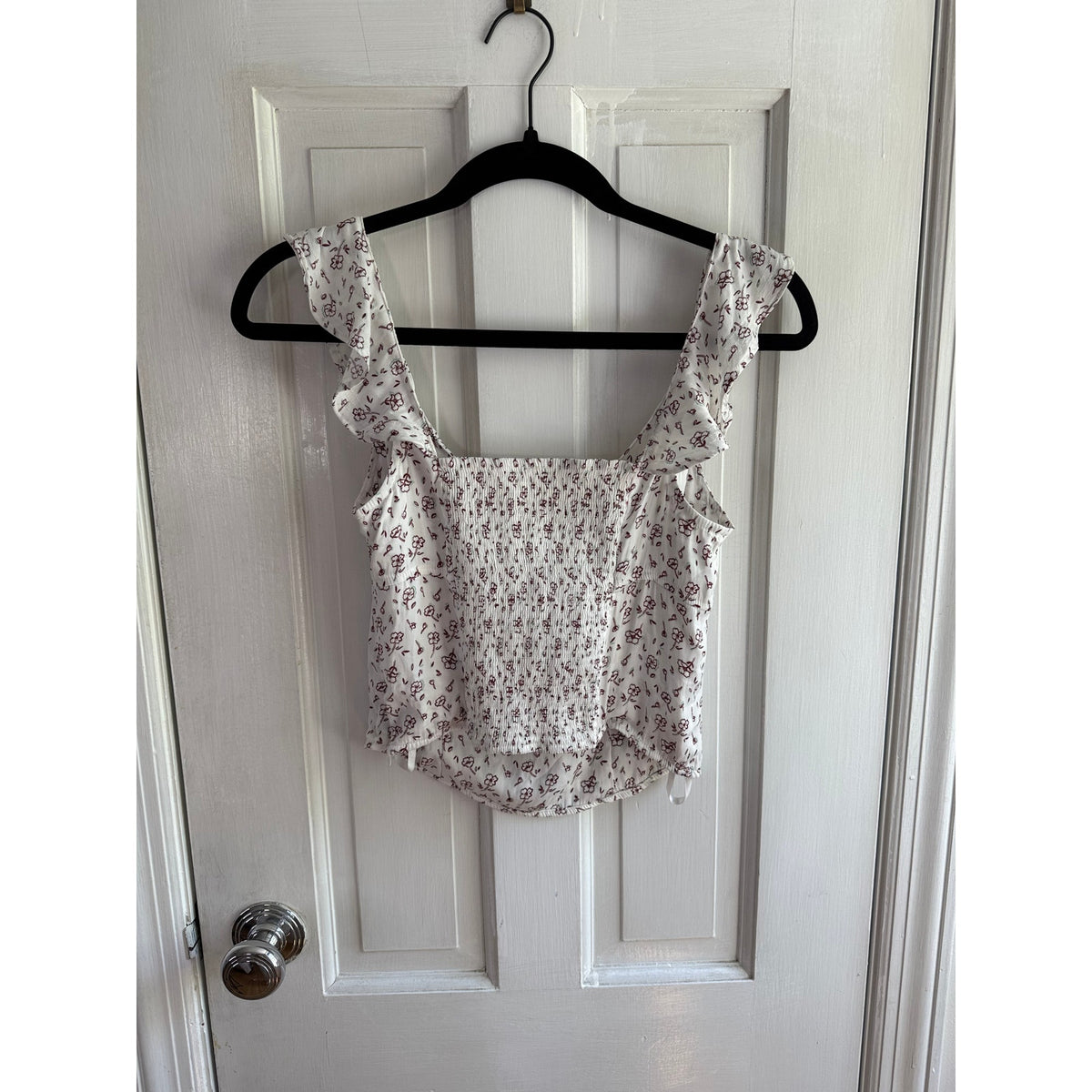 Free People Stay With You Ruffled Satin Crop Top White Floral XS EUC