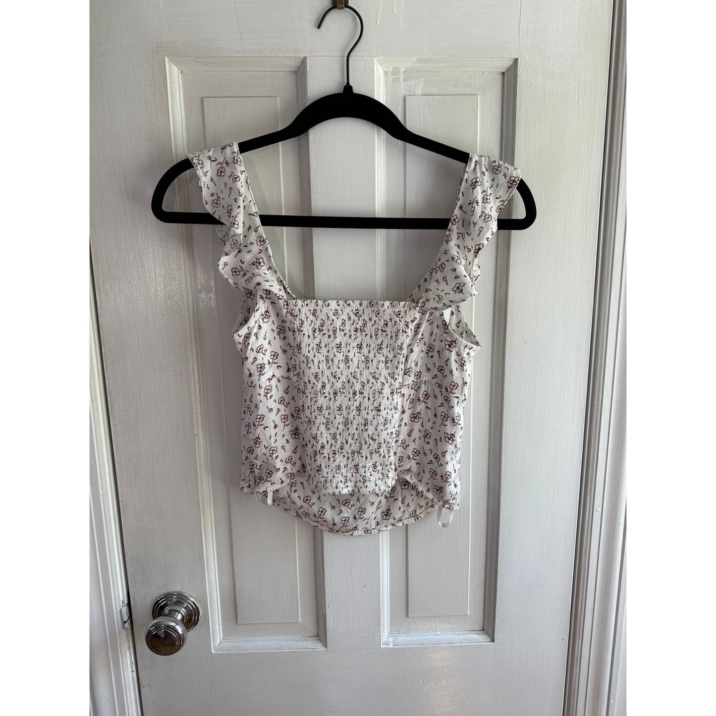 Free People Stay With You Ruffled Satin Crop Top White Floral XS EUC