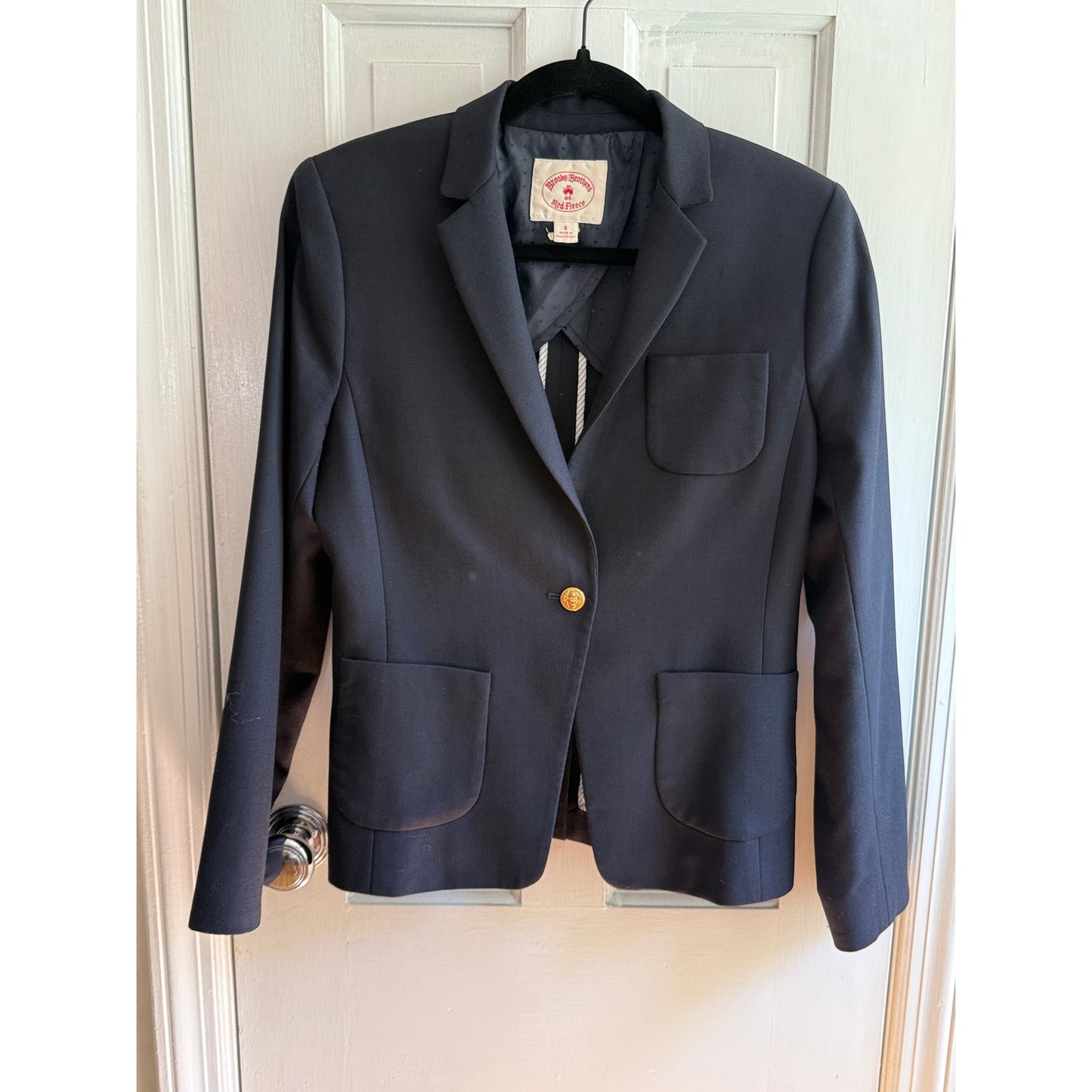 Brooks Brothers Red Fleece Blazer Womens 6 Navy Blue Gold Button Wool Blend EUC