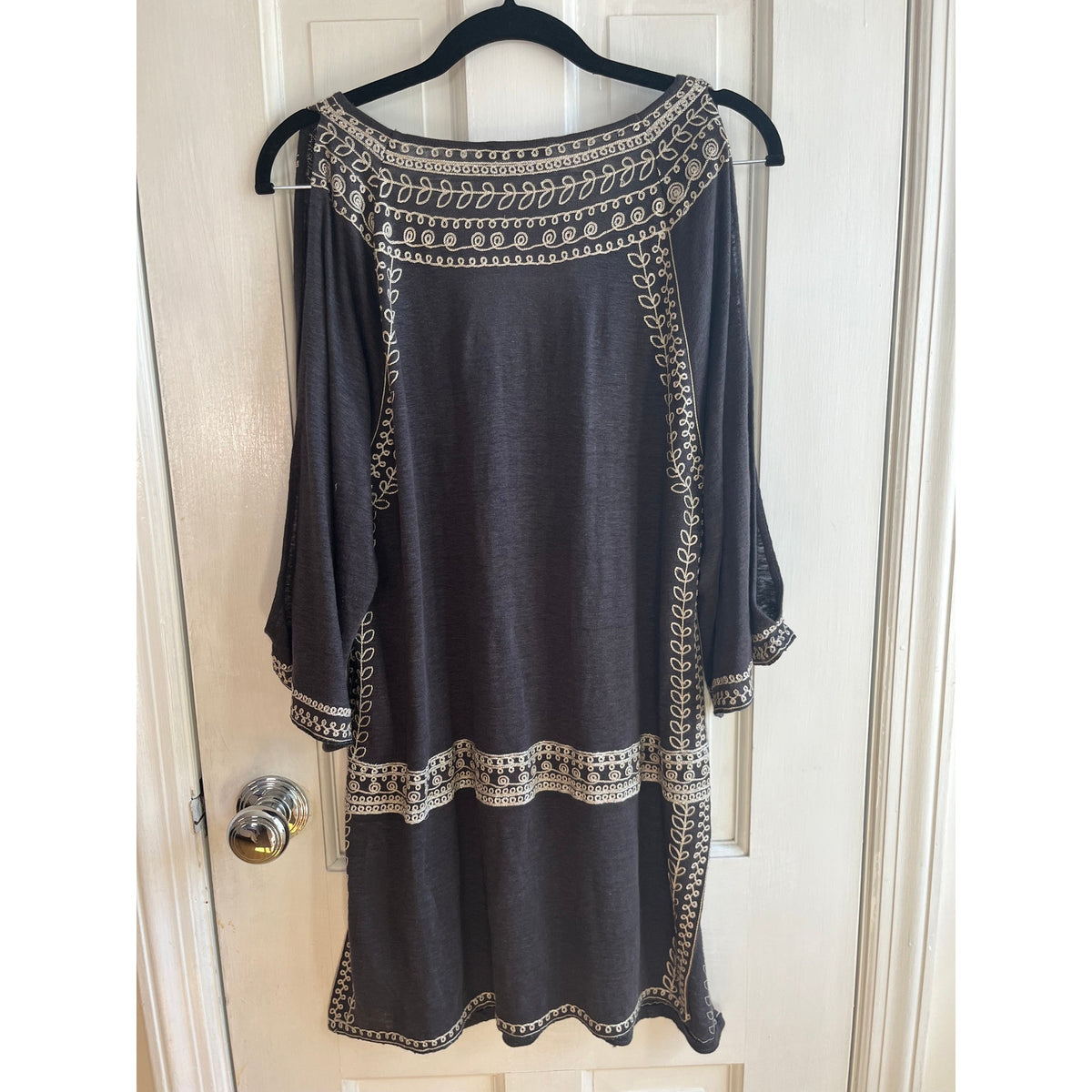 Calypso St. Barth Linen Grey Embroidered Cold Shoulder Tunic Dress - Size Medium - Boho Resort